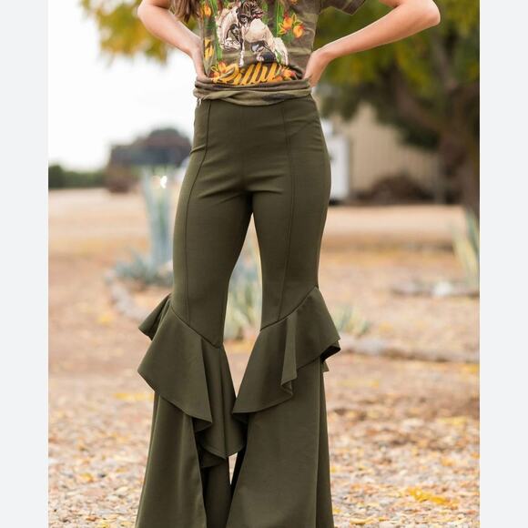 rodeo quincy Pants - Rodeo Quincy Blue Bell Bottom Blue Ruffle Pants Size Small Festival Concert